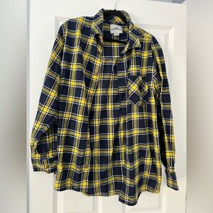 Navy and Yellow Plaid Flannel Button Down Shirt